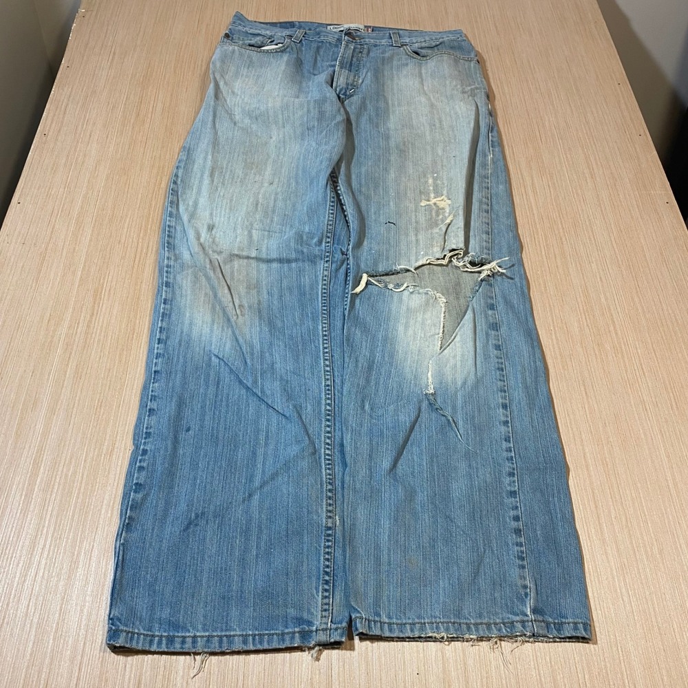 Levis 569 Loose Straight Jeans Mens 34x34 Light Wash Distressed Blue Denim